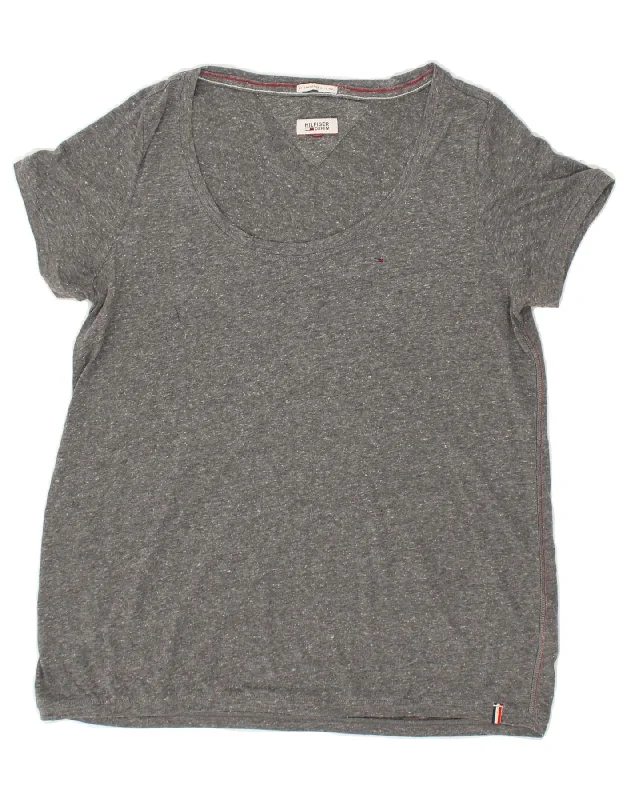 TOMMY HILFIGER Womens T-Shirt Top UK 14 Large Grey Flecked Polyester Ribbed Striped Patterned TOMMY HILFIGER Womens T-Shirt Top UK 14 Large Grey Flecked Polyester Ribbed Striped Patterned