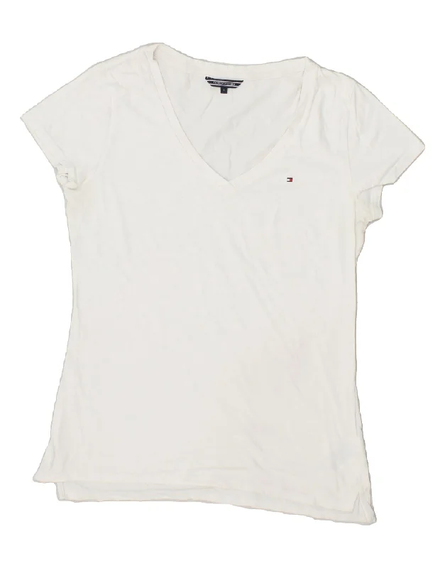 TOMMY HILFIGER Womens T-Shirt Top UK 14 Large White Cotton Solid Color Striped Floral