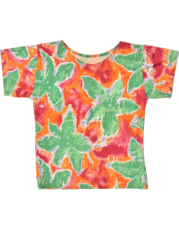 VINTAGE Womens T-Shirt Top UK 12 Medium Green Floral Collared T-Shirt Boat Neck A-Line