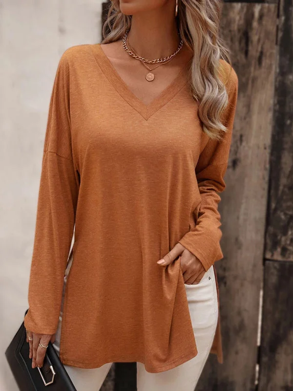 Women's Casual Solid Color Simple V-neck Slit Long-sleeved T-shirt Fashionable Trendy Casual Women's Casual Solid Color Simple V-neck Slit Long-sleeved T-shirt Fashionable Trendy Casual