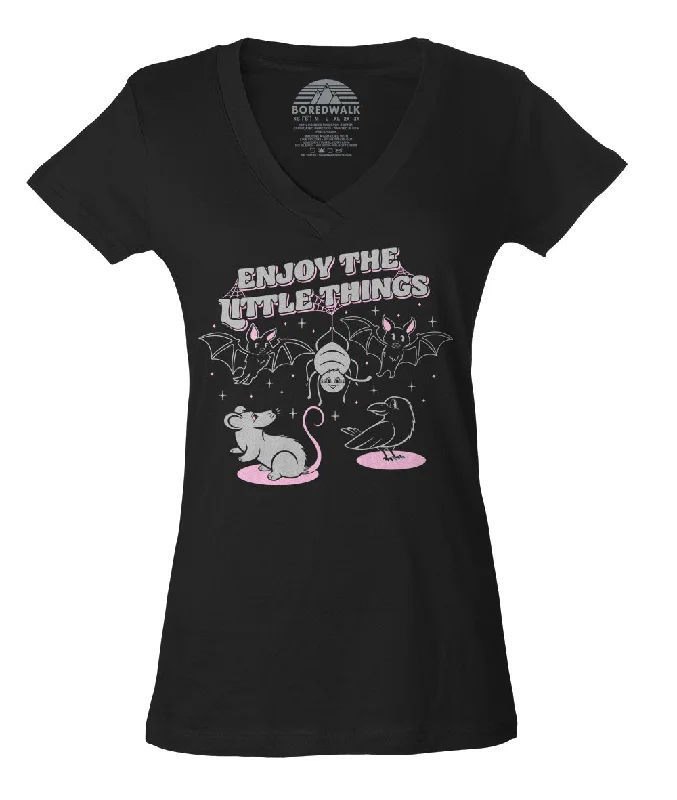 Women's Enjoy The Little Things Vneck T-Shirt Welt Pockets Slit Pockets