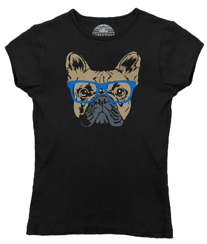 Women's Glasses On A French Bulldog Hipster Frenchie T-Shirt Solid Print Embellished Women's Glasses On A French Bulldog Hipster Frenchie T-Shirt Solid Print Embellished