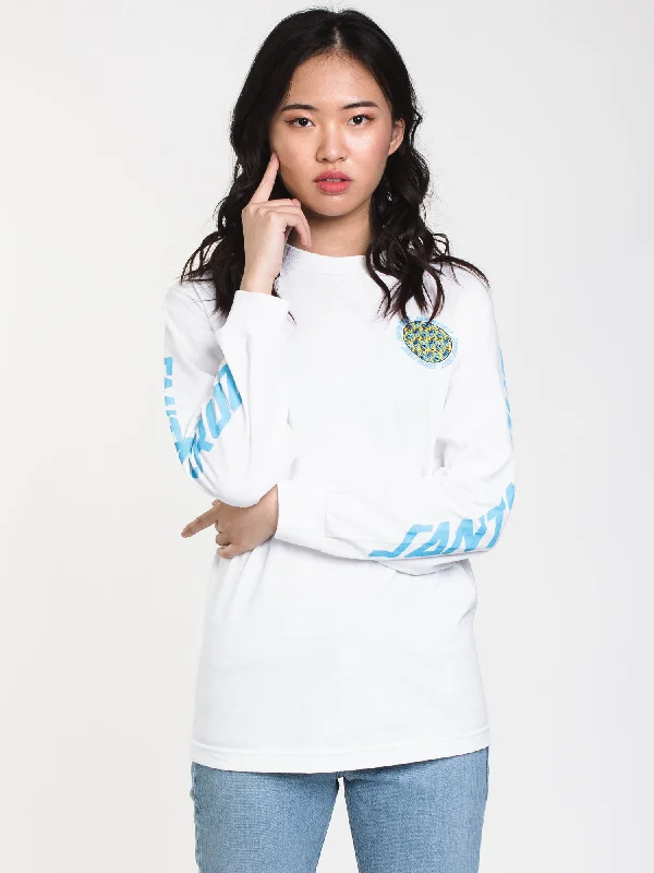 WOMENS HANDSA WHEEL LONG SLEEVE TEE - WHITE - CLEARANCE Zippered Front Buttoned Front Snap Front WOMENS HANDSA WHEEL LONG SLEEVE TEE - WHITE - CLEARANCE Zippered Front Buttoned Front Snap Front