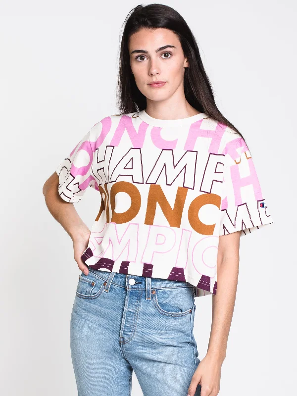 WOMENS HERITAGE BLOCK TEXT CROP TEE - CLEARANCE Satin Fabric Silk Fabric Chiffon Fabric