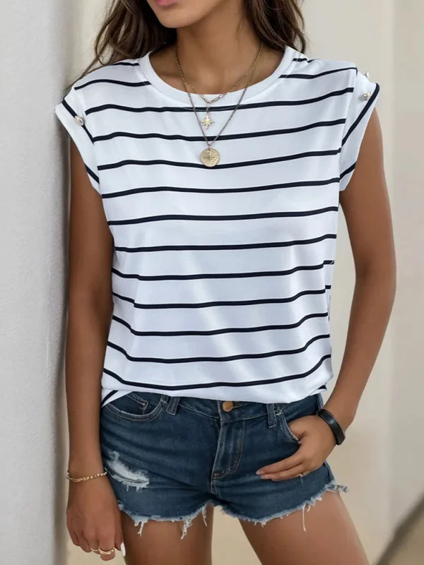 Women's Casual Sleeveless Striped T-shirt Mesh Canvas Denim