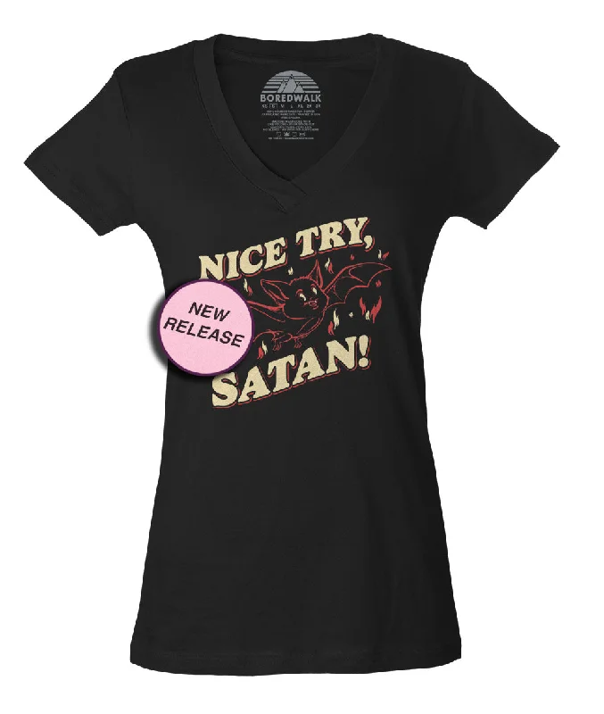 Women's Nice Try Satan Vneck T-Shirt Sequined Glittery Shiny