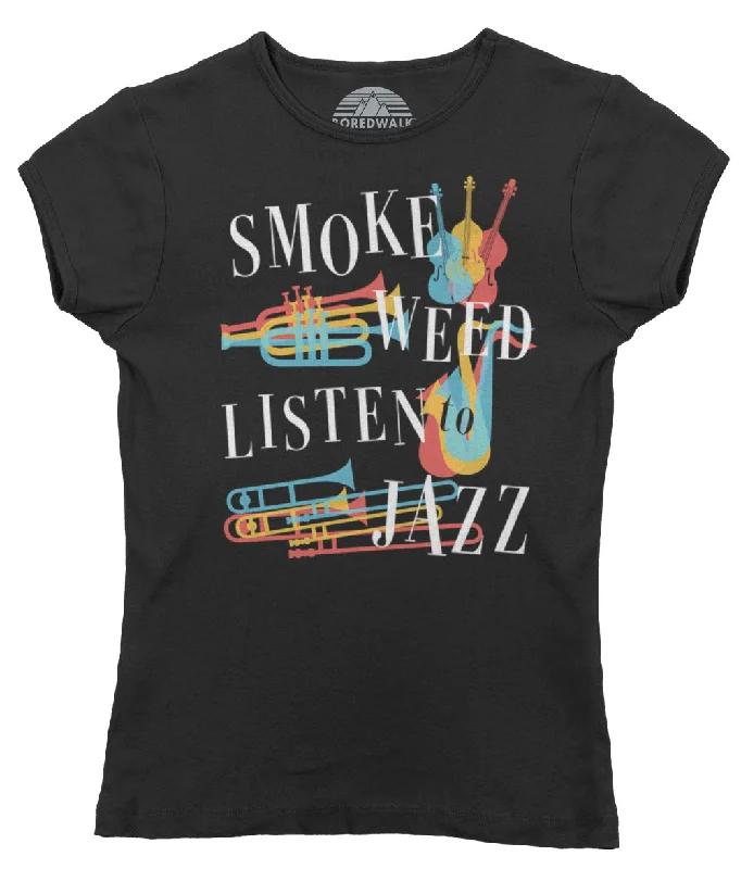 Women's Smoke Weed Listen to Jazz T-Shirt Zippered Buttoned Snapped
