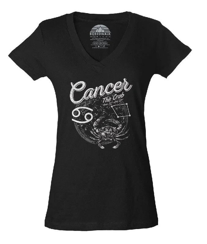 Women's Vintage Cancer Vneck T-Shirt Denim Fabric Leather Fabric Suede Fabric