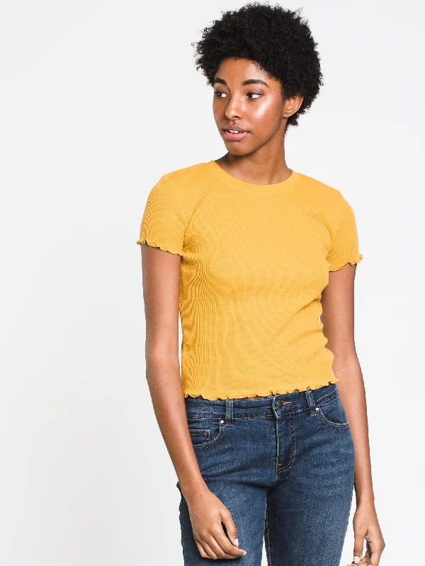 WOMENS WAFFLE CROPPED TEE - CLEARANCE Notch Collar Peter Pan Collar Cowl Neck