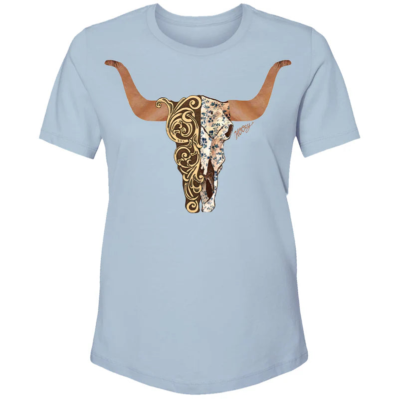 "Yuma" Denim w/ Brown/Tan Floral Skull T-Shirt Basic T-Shirt Crew Neck Short Sleeve