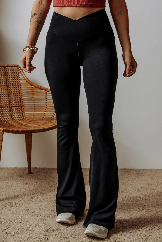 Black V Shape High Waist Flared Leggings Comfortable Wide-Band Leggings