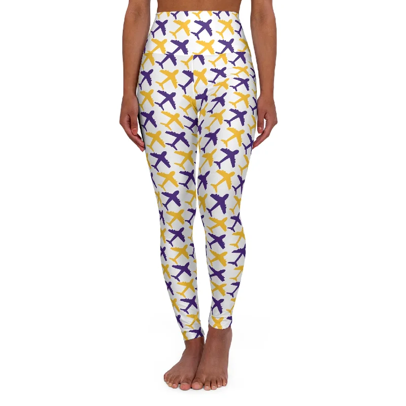 High Waisted Yoga Leggings - Jet Planes Stylish Side-Stripe Leggings