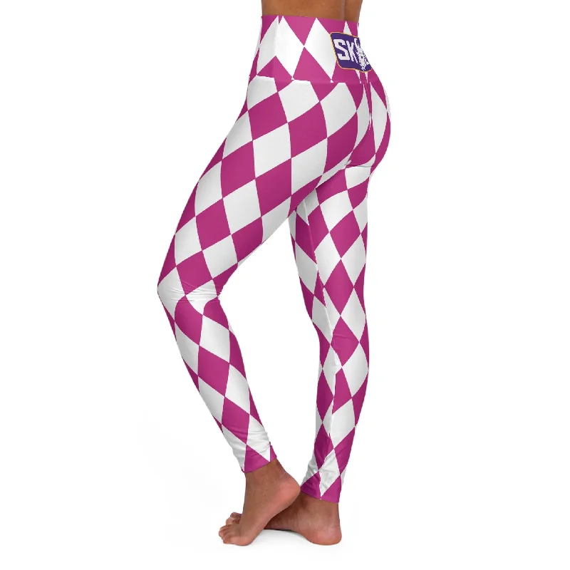 High Waisted Yoga Leggings - Pink/White Diamonds Stylish Faux Leather Leggings