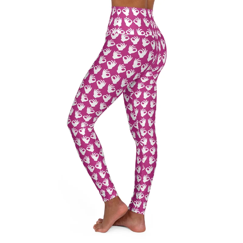 High Waisted Yoga Leggings - Pink/White Griddy Cozy Reflective Detail Leggings