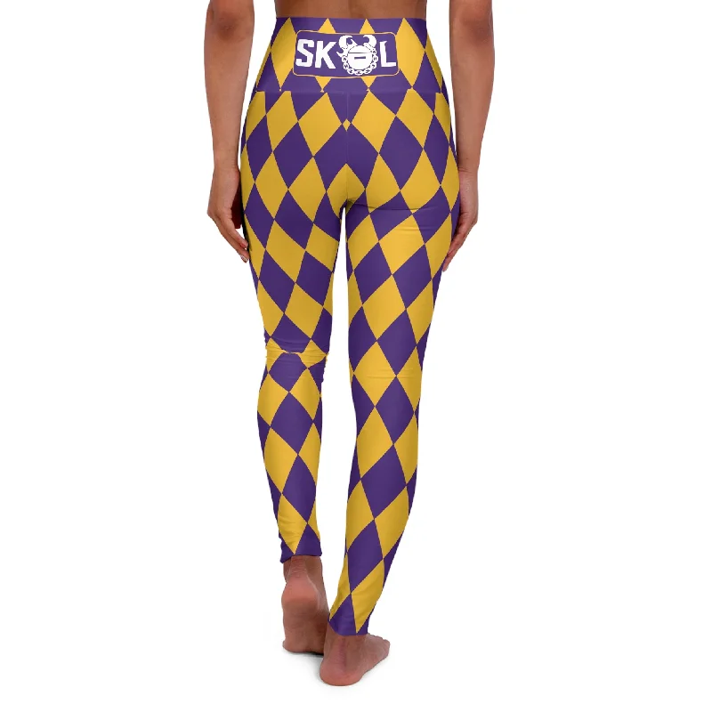 High Waisted Yoga Leggings - Purple/Gold Diamonds Trendy Digital Print Leggings