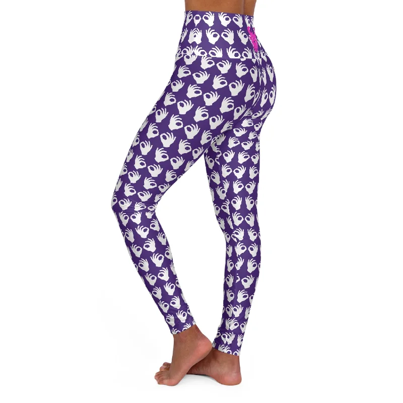 High Waisted Yoga Leggings - Purple/White Griddy Trendy Adjustable Waist Leggings