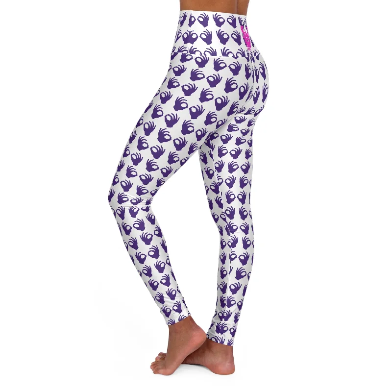 High Waisted Yoga Leggings - White/Purple Griddy Trendy High-Waist Tummy Control Leggings High Waisted Yoga Leggings - White/Purple Griddy Trendy High-Waist Tummy Control Leggings