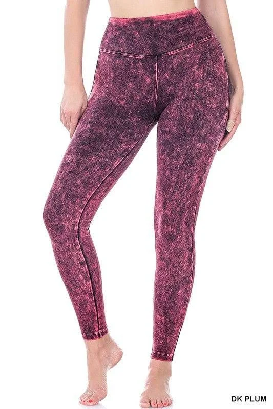 Mineral Washed Wide Waistband Yoga Leggings Trendy Color Block Leggings