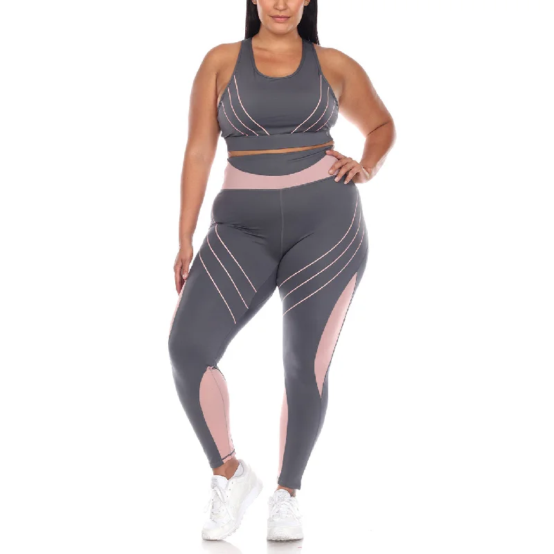 Plus Size Cut Out Back Mesh Sports Bra & Leggings Set Trendy Adjustable Waist Leggings Plus Size Cut Out Back Mesh Sports Bra & Leggings Set Trendy Adjustable Waist Leggings