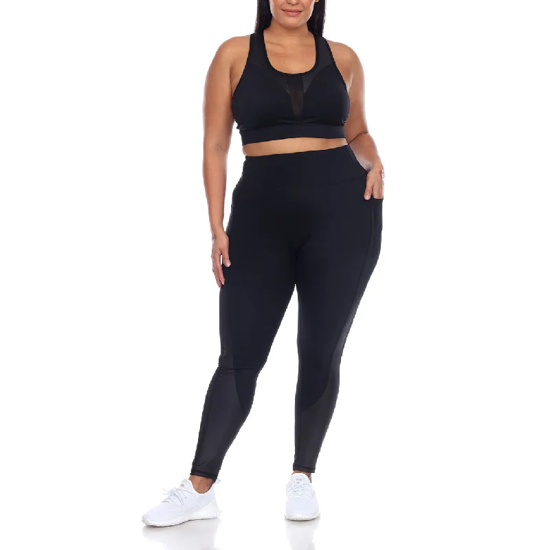 Plus Size Racer Back Sports Bra & Mesh Leggings Set Elegant Shiny Black Leggings
