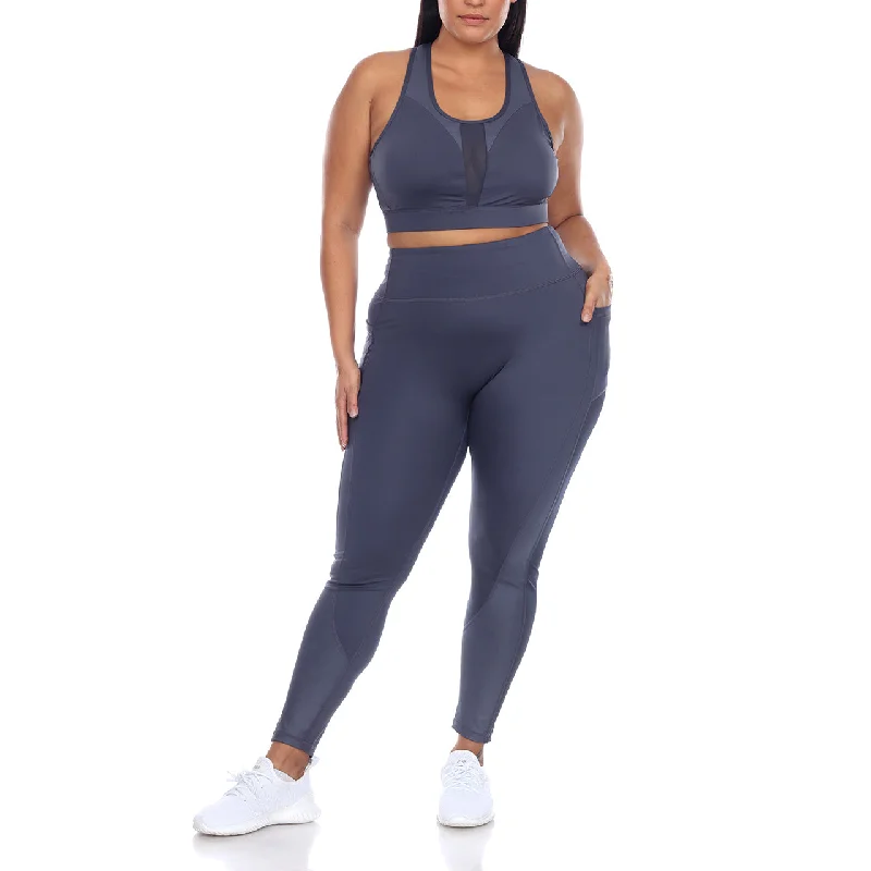 Plus Size Racer Back Sports Bra & Mesh Leggings Set Fashionable Sports Compression Leggings