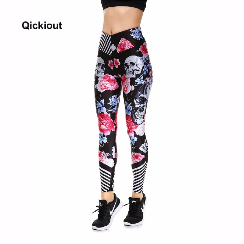 QICKITOUT  Women's Workout Fitness Active Wear Leggings in Skulls & Flowers Print Comfortable Plus Size Leggings