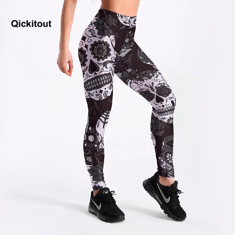 QICKITOUT  Women's Workout Fitness Active Wear Leggings in Sugar Skull Print Casual Slim-Fit Leggings