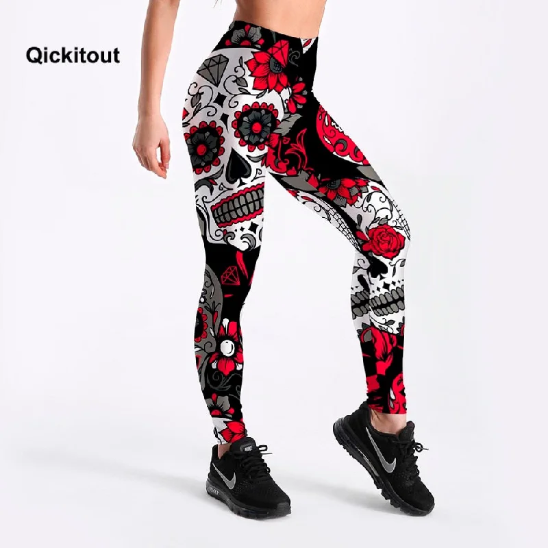 QICKITOUT Women's Workout Fitness Active Wear Leggings in Sugar Skull Print Elegant Black Leggings QICKITOUT Women's Workout Fitness Active Wear Leggings in Sugar Skull Print Elegant Black Leggings