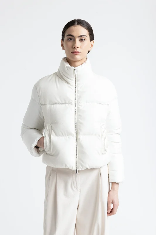 Short goose down jacket in viscose Zippered Jacket Buttoned Jacket Snapped Jacket