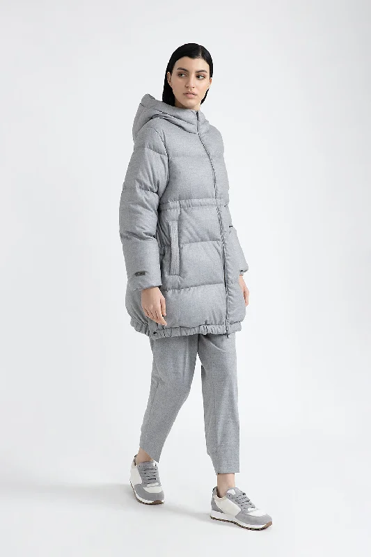 Maxi hooded goose down jacket in flannel A-Line Jacket Boat Neck Shawl Collar