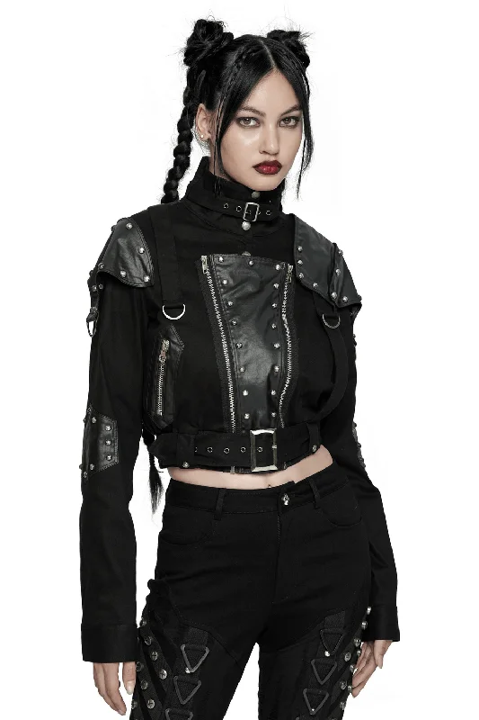 Black Punk Jacket with Rivets and Leather Accents Boat Neck Shawl Collar Notched Collar Black Punk Jacket with Rivets and Leather Accents Boat Neck Shawl Collar Notched Collar