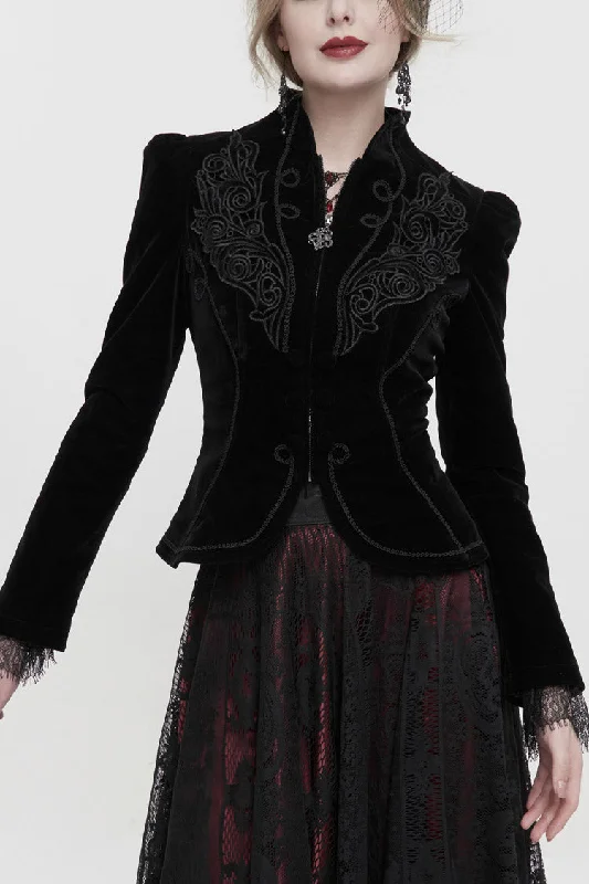 Black Stand Collar Velvet Appliqu On Chest Pendant Zipper Autumn And Winter Short Long Sleeve Women's Gothic Jacket Insulated Jacket Fitted Jacket Loose Jacket Black Stand Collar Velvet Appliqu On Chest Pendant Zipper Autumn And Winter Short Long Sleeve Women's Gothic Jacket Insulated Jacket Fitted Jacket Loose Jacket