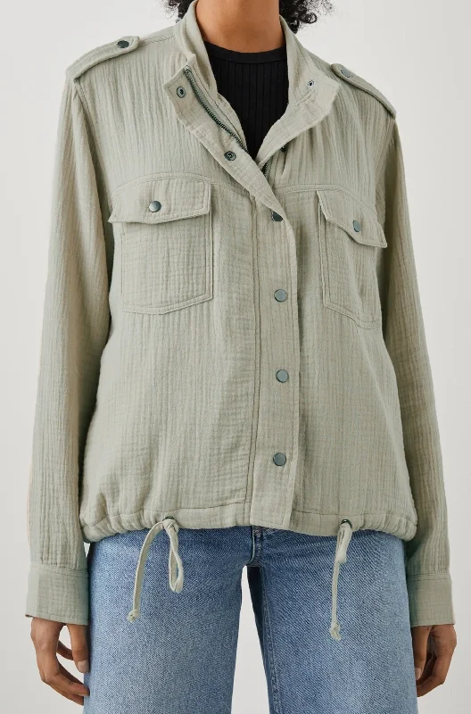 COLLINS JACKET - GAUZE SAGE Snapped Jacket Toggled Jacket Drawstring Jacket