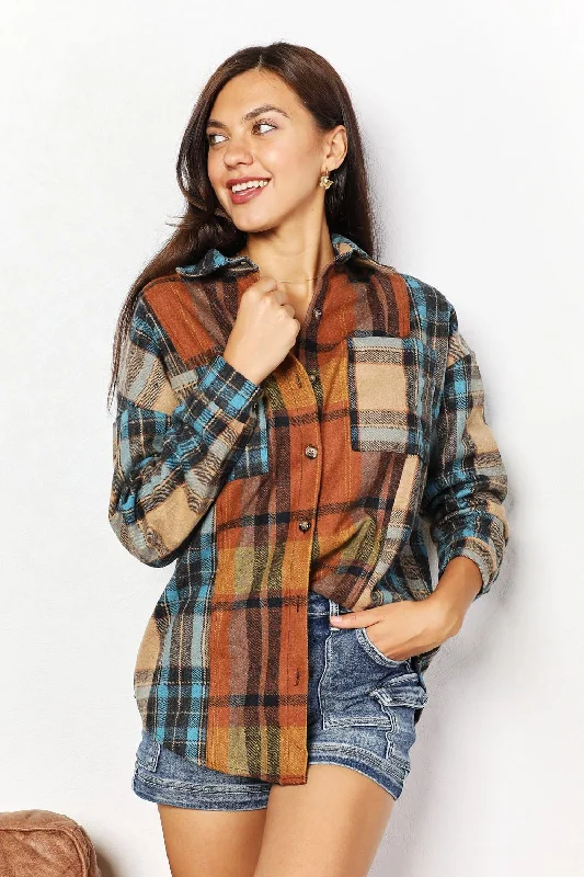 Double Take Plaid Curved Hem Shirt Jacket with Breast Pockets Satin Jacket Silk Jacket Chiffon Jacket Double Take Plaid Curved Hem Shirt Jacket with Breast Pockets Satin Jacket Silk Jacket Chiffon Jacket