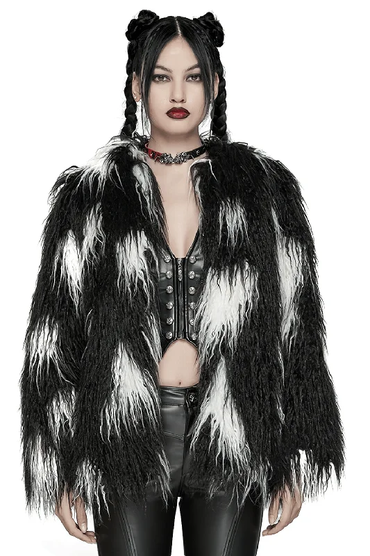 Edgy Black and White Faux Fur Jacket Trendy Style Hooded Jacket Caped Jacket Shawl Collar Jacket Edgy Black and White Faux Fur Jacket Trendy Style Hooded Jacket Caped Jacket Shawl Collar Jacket