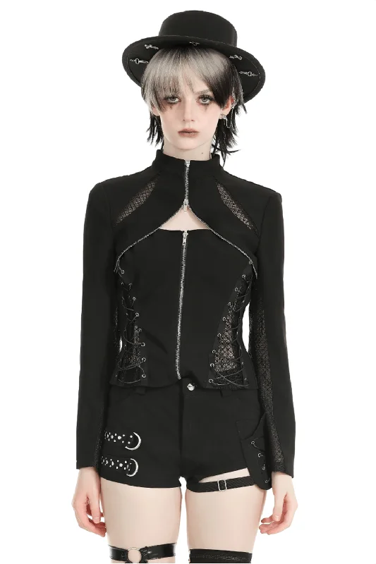 Fashion Mesh Panel High Collar Women's Jacket with Zipper Appliqued Jacket Beaded Jacket Sequined Jacket