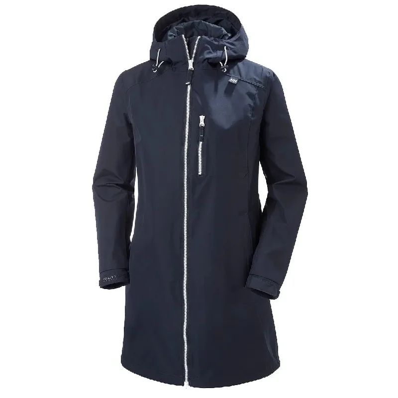 Long Belfast Rain Jacket - Navy Zippered Jacket Buttoned Jacket Snapped Jacket
