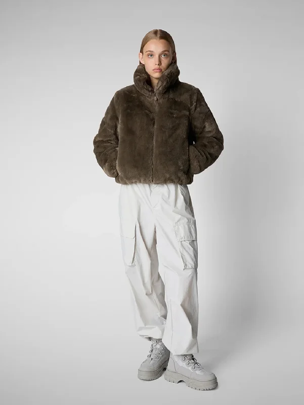 Jeon Faux Fur Jacket - Mud Grey Welt Pockets Slit Pockets Flap Pockets