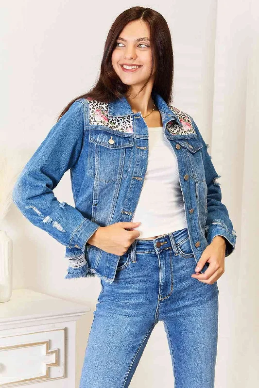 Leopard Floral Distressed Raw Hem Denim Jacket Stand-Up Collar Roll-Neck Collar Turtle Neck Leopard Floral Distressed Raw Hem Denim Jacket Stand-Up Collar Roll-Neck Collar Turtle Neck