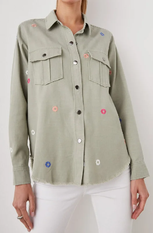 LOREN SHIRT JACKET - OLIVE EMBROIDERED DAISIES Tiered Jacket Buttoned Jacket Zippered Jacket