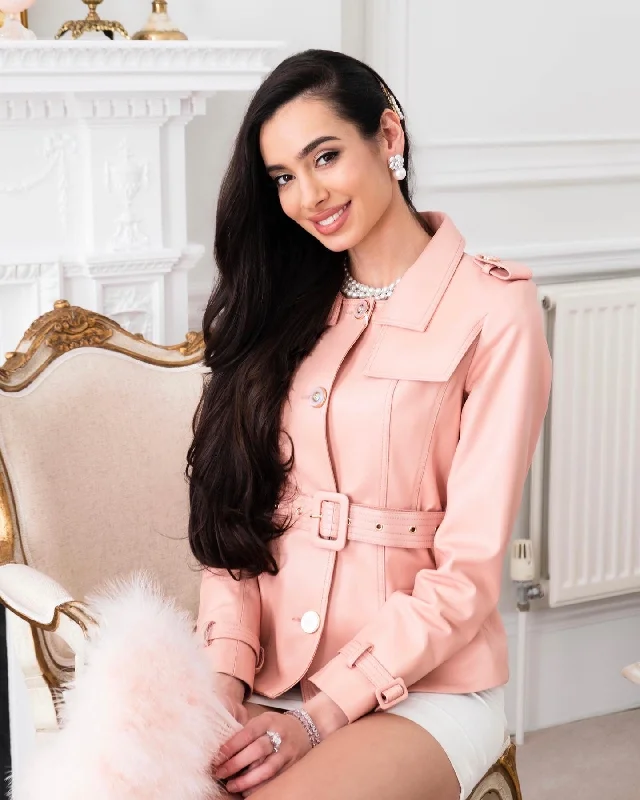 'Bardot' Leather Jacket in Rosa Toggled Jacket Drawstring Jacket Belted Jacket