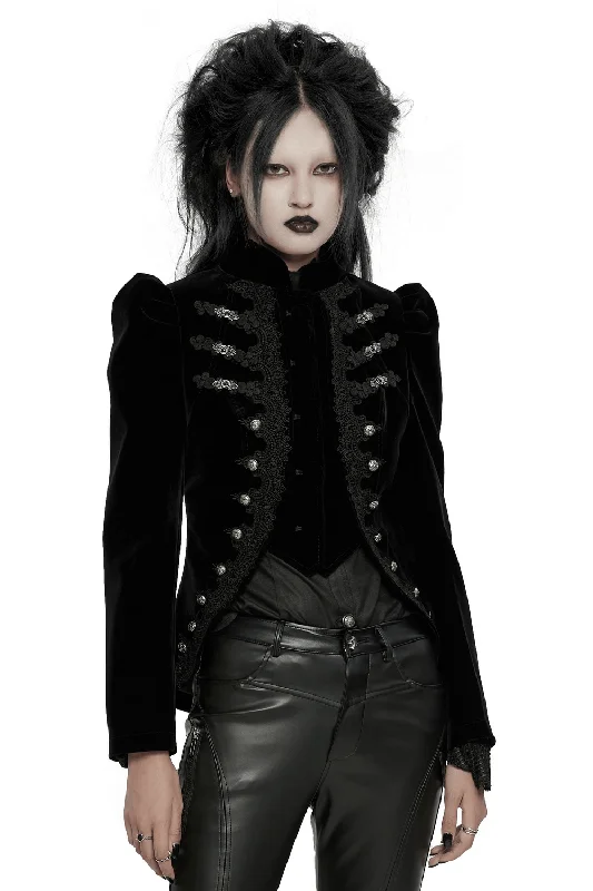 Refined Stand Collar Black Jacket with Lace and Buttons Welt Pockets Slit Pockets Flap Pockets
