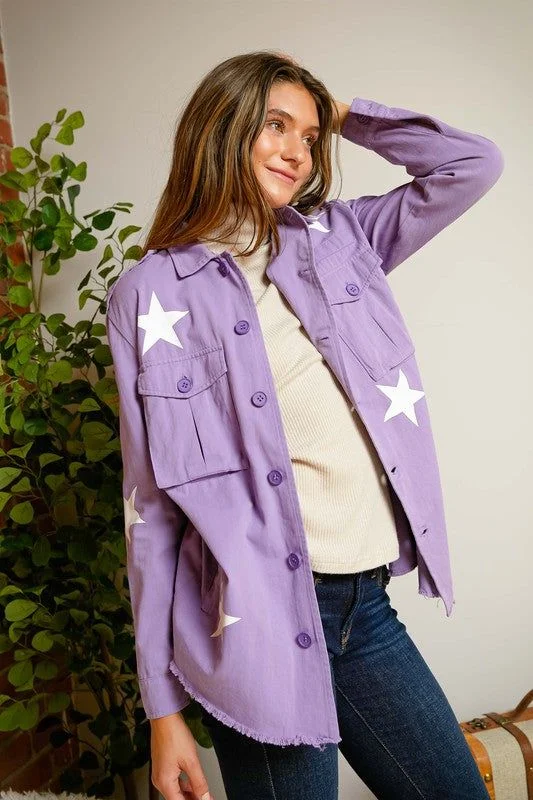 Davi & Dani | Star Printed Military Jacket Zippered Front Buttoned Front Snap Front Davi & Dani | Star Printed Military Jacket Zippered Front Buttoned Front Snap Front