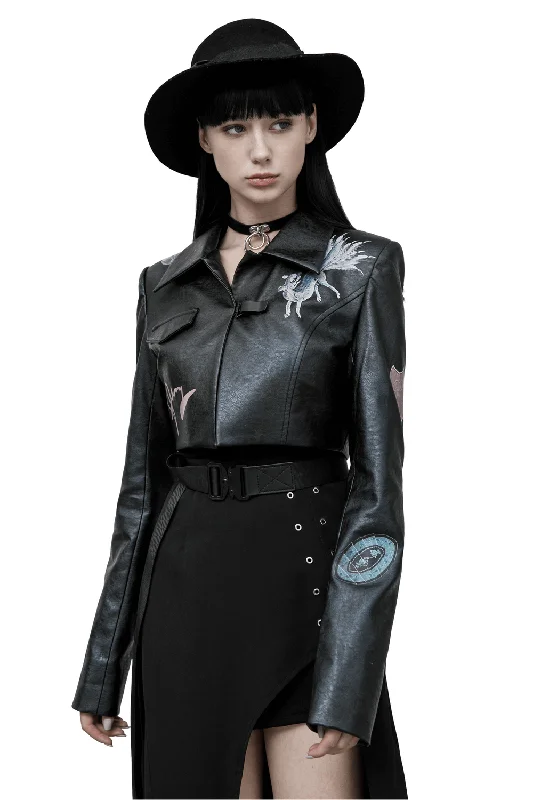 Stylish Punk Cropped Leather Jacket with Prints Elasticated Jacket Padded Jacket Insulated Jacket