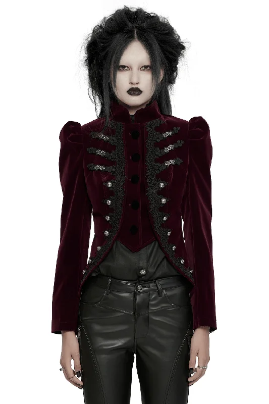 Velvet Gothic Jacket with Lace-Up Back and Appliques Cotton Fabric Linen Fabric Terry Fabric
