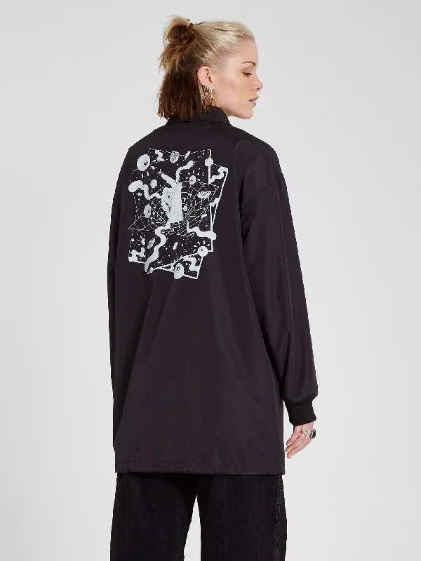Vlong Coach Jacket - Black A-Line Jacket Boat Neck Shawl Collar