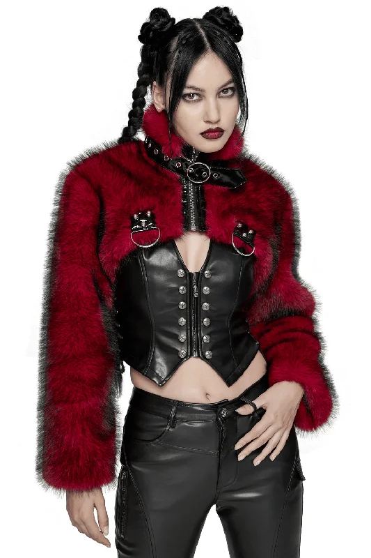 Wine Red Faux Fur Punk Short Jacket with Patent Detail Corduroy Jacket Velvet Jacket Brocade Jacket Wine Red Faux Fur Punk Short Jacket with Patent Detail Corduroy Jacket Velvet Jacket Brocade Jacket
