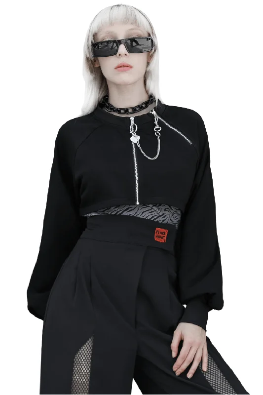 Zip-Up Crop Jacket with Long Sleeves and Chain Detail Belted Jacket Elasticated Jacket Padded Jacket