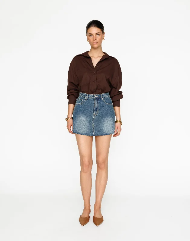 Asher Denim Mini Skirt (Faded Mid Wash) leather skirt bold