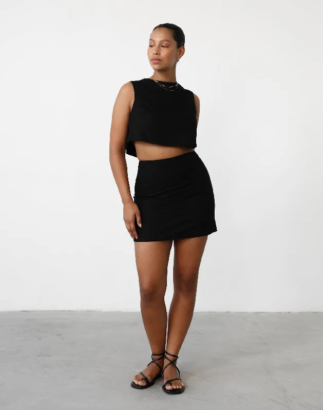 Como Linen Mini Skirt (Black) asymmetrical skirt cut